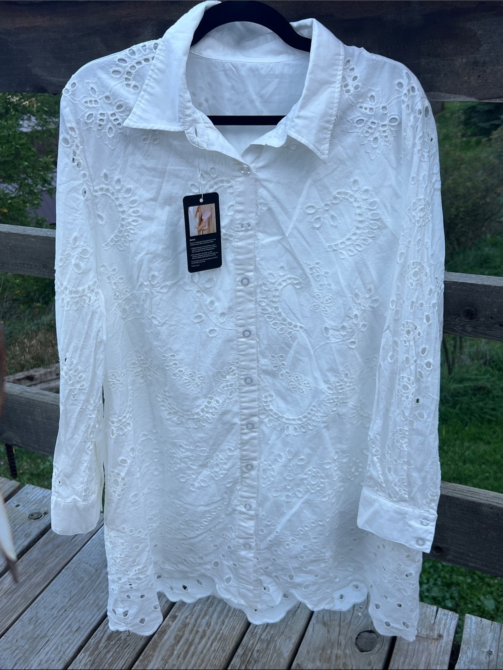 White Embroidered Eyelet Button-Down Cover-Up, Dress, Top 36 in long size Large
